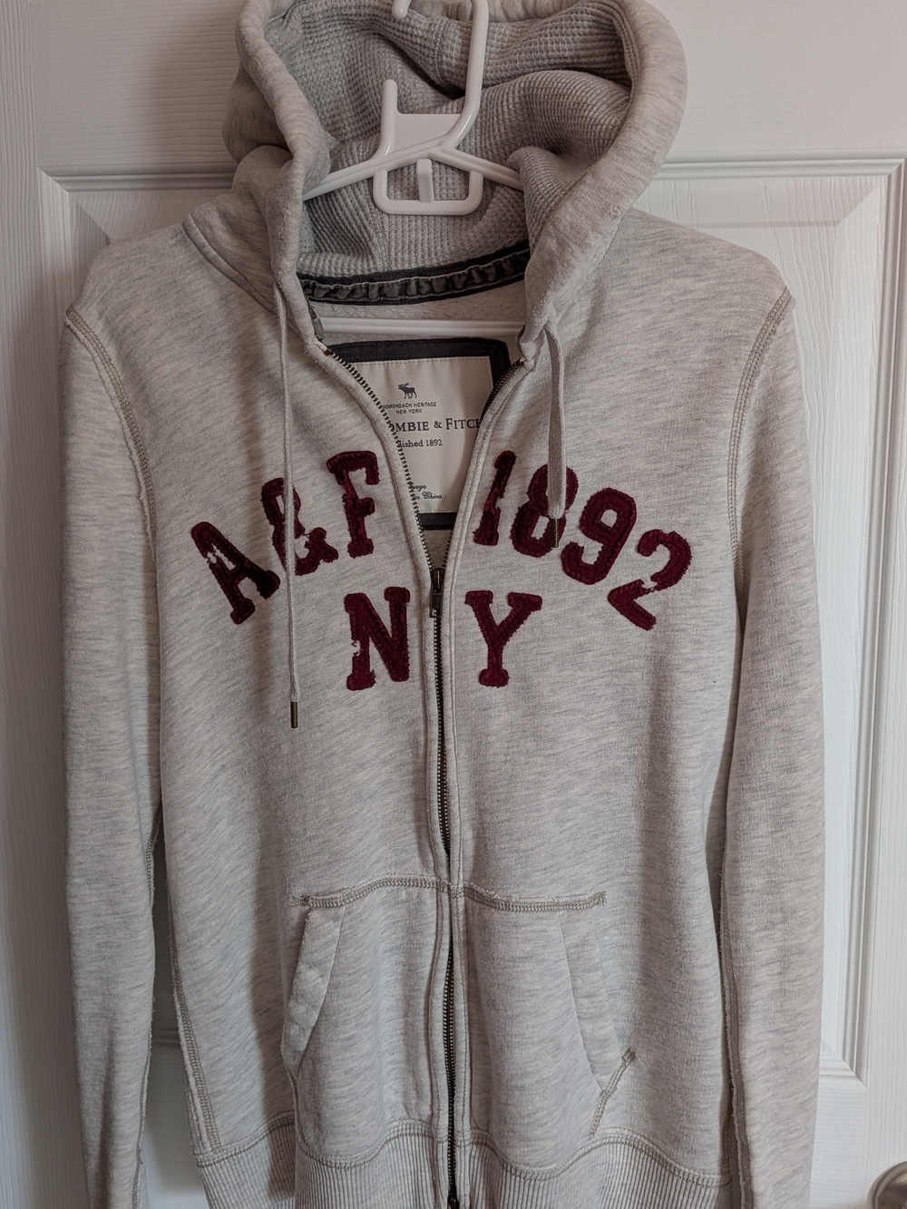 Abercrombie & Fitch Gray Zip Hoodie with Maroon Appliqué